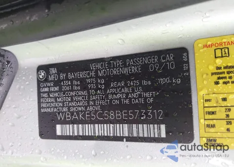 2011 BMW 328I из США, поврежденный, VIN WBAKE5C58BE573312